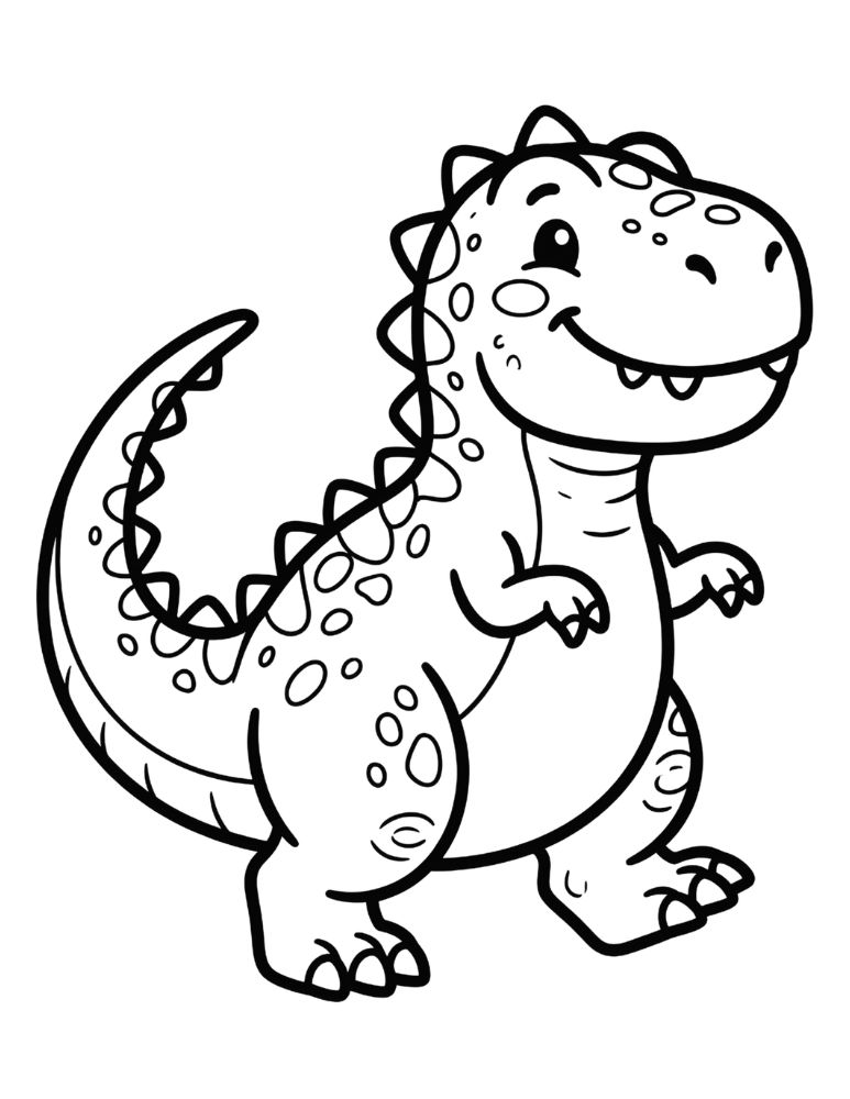 Kawaii T-Rex dinosaur with a smiling face coloring page.