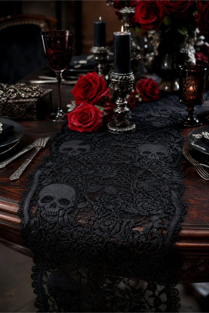 A black lace table runner with skull accents on a dark wooden table, surrounded by candles, red roses, and gothic decorations.