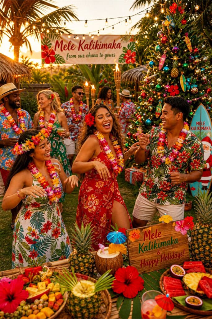 People wearing leis dancing and celebrating at an outdoor summer Christmas luau party with tropical decorations and string lights, situated in a backyard.