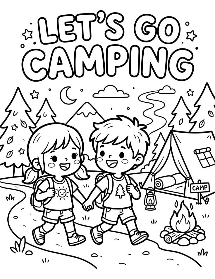 Let's Go Camping coloring page with two children carrying backpacks and walking toward a campsite.