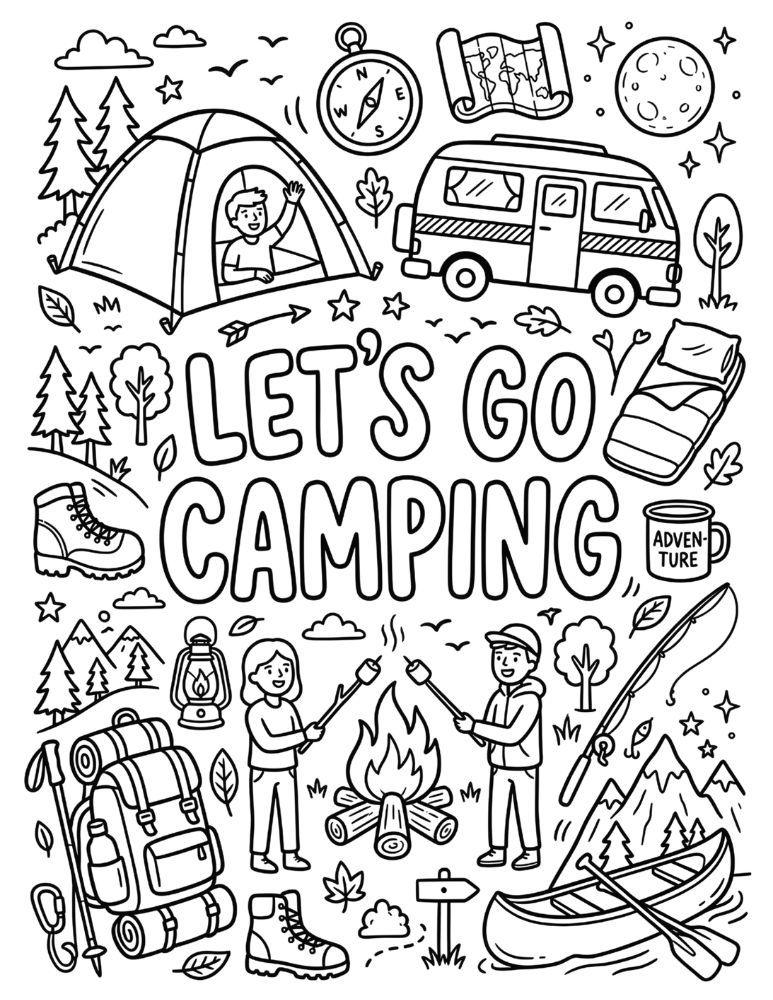 Let's Go Camping doodle coloring page filled with tents, backpacks, lanterns, camper vans, campfires, and camping gear.