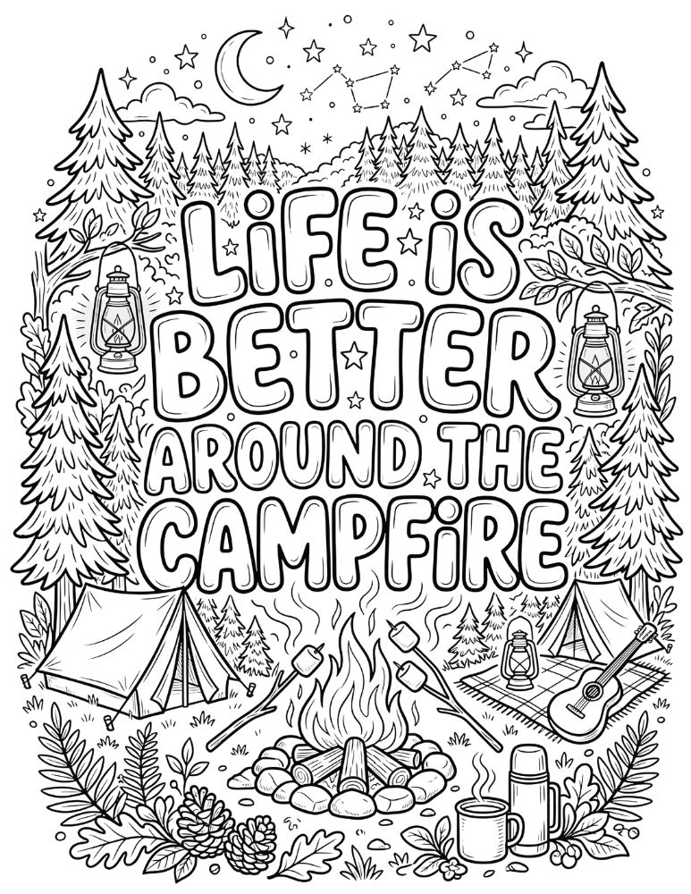 Life Is Better Around the Campfire quote coloring page with camping icons and decorative lettering.