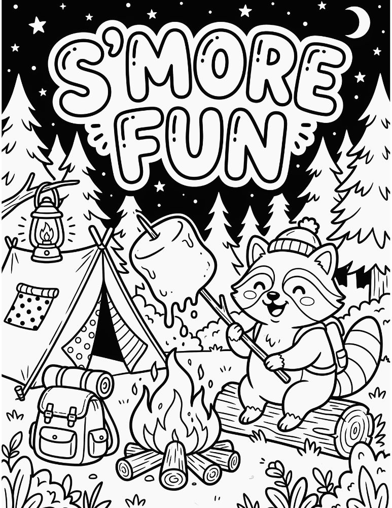 Cute raccoon camping coloring page with a raccoon roasting a marshmallow beside a tent and campfire.