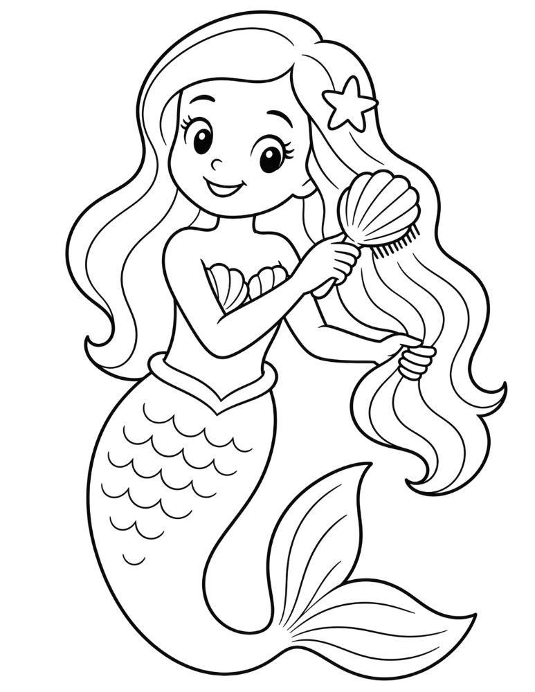 Mermaid brushing her long hair with a seashell comb coloring page.