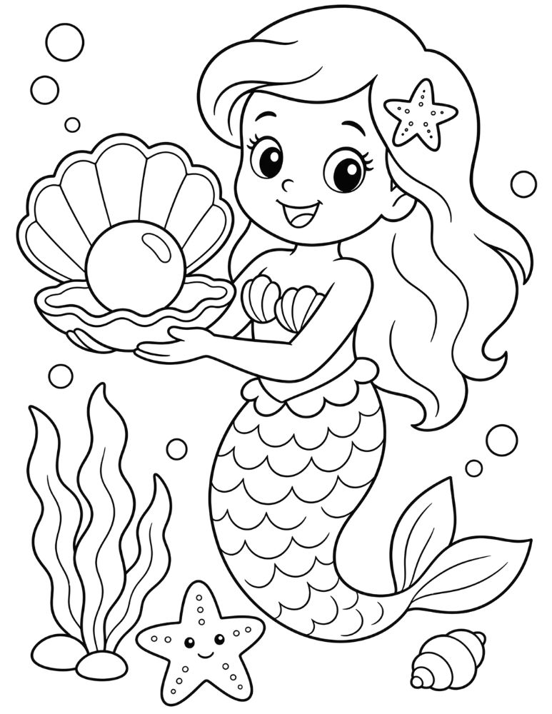 Mermaid holding a large pearl from an open clam shell coloring page.