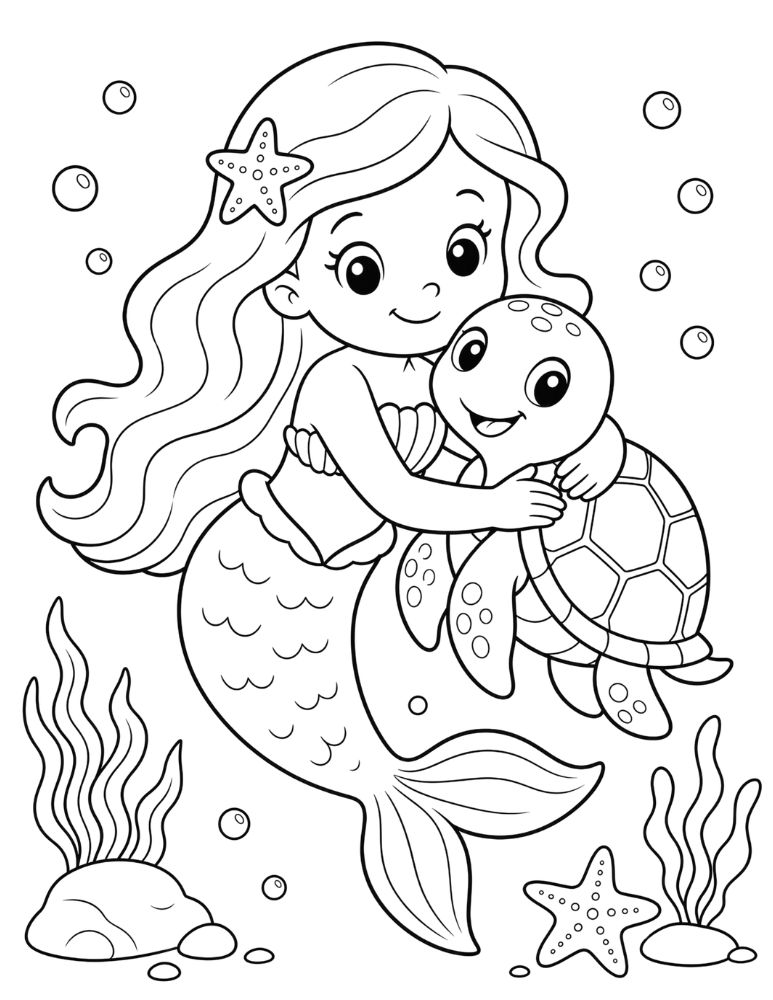 Mermaid hugging a friendly sea turtle coloring page.