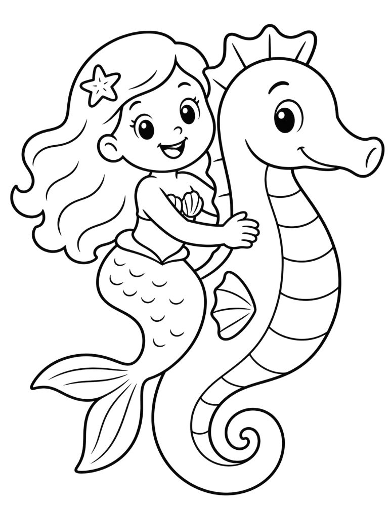Happy mermaid riding a friendly seahorse coloring page.