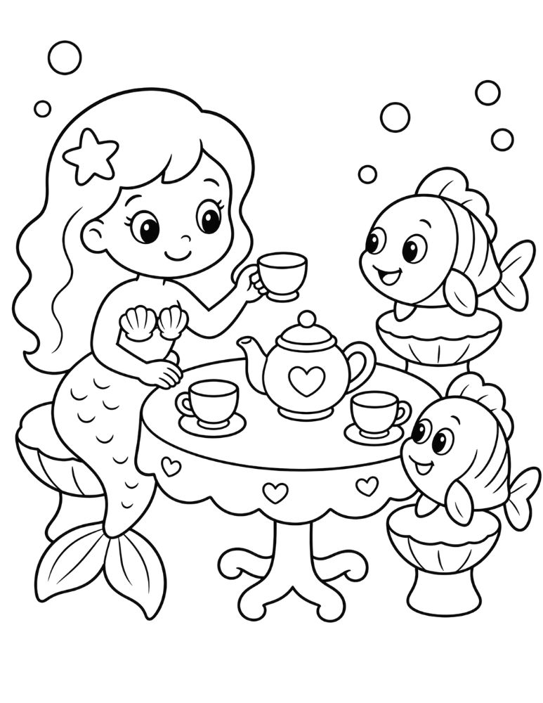 Mermaid having a tea party with fish friends coloring page.