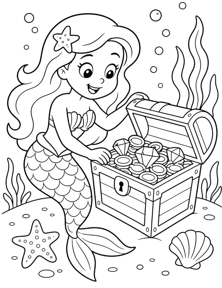 Mermaid opening a treasure chest filled with coins and gems coloring page.