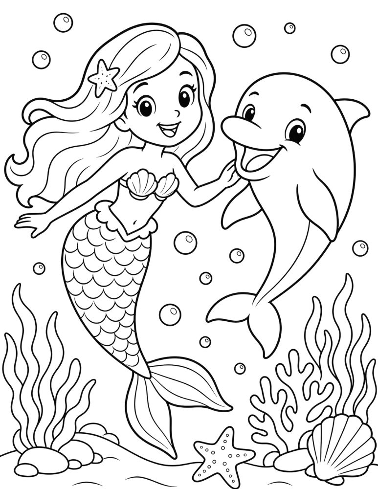 Friendly mermaid swimming beside a playful dolphin coloring page.