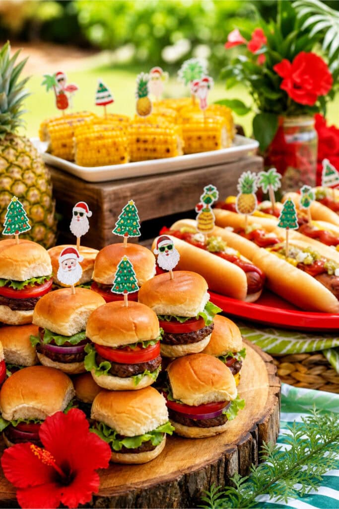A table with mini sliders, hot dogs, and corn on the cob decorated with small holiday-themed labels, set outdoors with greenery in the background.