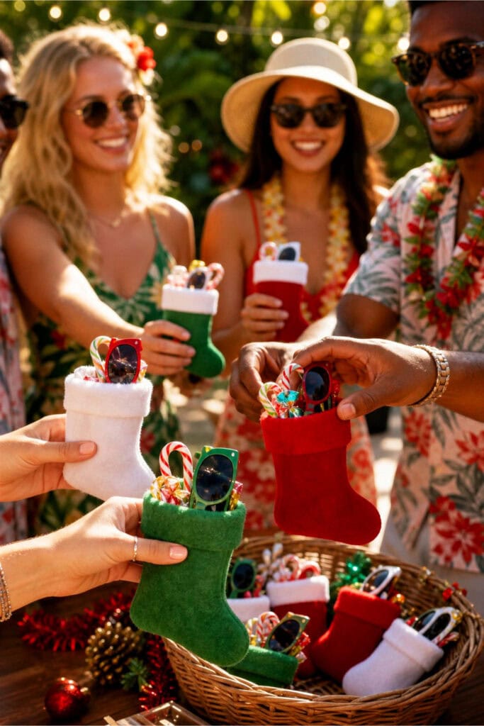 People outdoors exchanging small Christmas stockings filled with candy and sunglasses as party favors during a summer gathering.