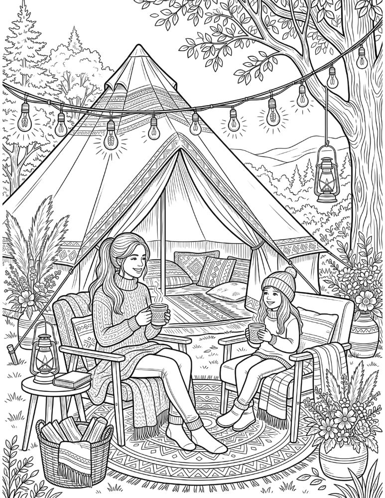 Mom and daughter glamping coloring page featuring a luxury tent with string lights and cozy outdoor seating.
