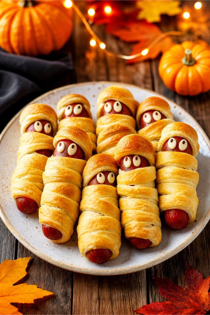 A plate of mummy hot dogs wrapped in crescent roll dough on a wooden table with autumn decorations around.