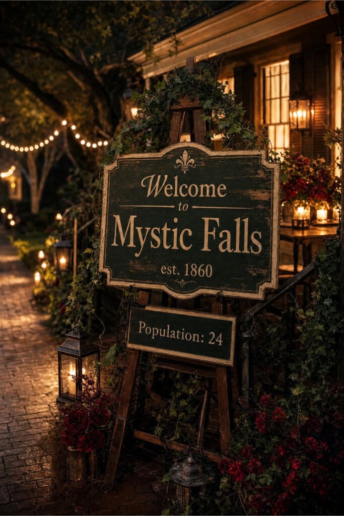 A charming small-town welcome sign at the entrance of a vampire-themed party, styled like a historic Southern town. The wooden sign reads "Welcome to Mystic Falls" in elegant lettering and "est. 1860" in a smaller font below, painted green and white with a rustic weathered finish. The sign is displayed on an easel beside a front porch decorated for an evening gathering.
