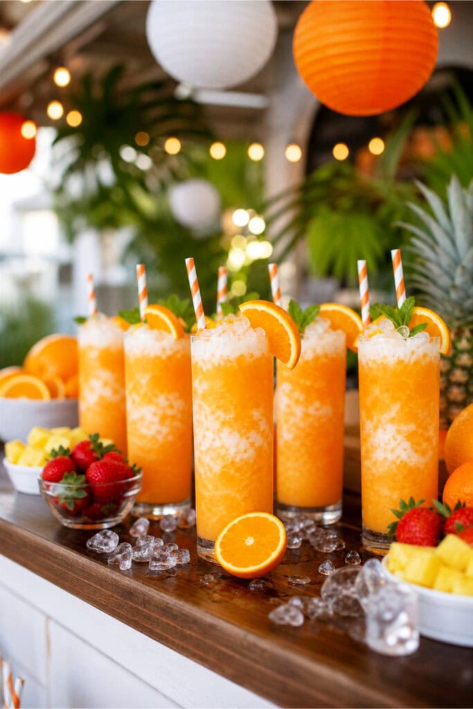 A bar counter with orange and creamy layered mocktails garnished with orange slices and mint, surrounded by summer fruits and festive decorations.