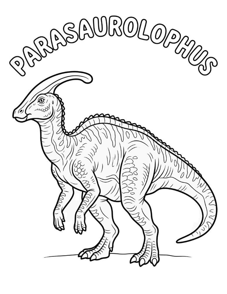 Parasaurolophus dinosaur coloring page with its name in bubble letters.