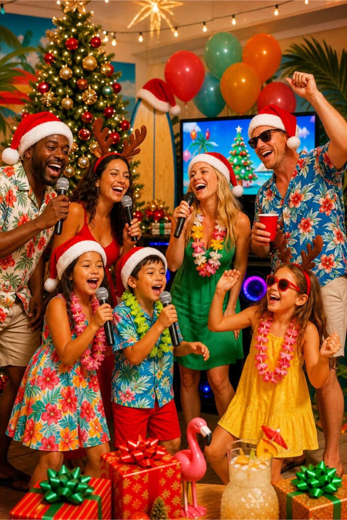 A group of people singing karaoke and celebrating indoors with both Christmas decorations and summer party elements.