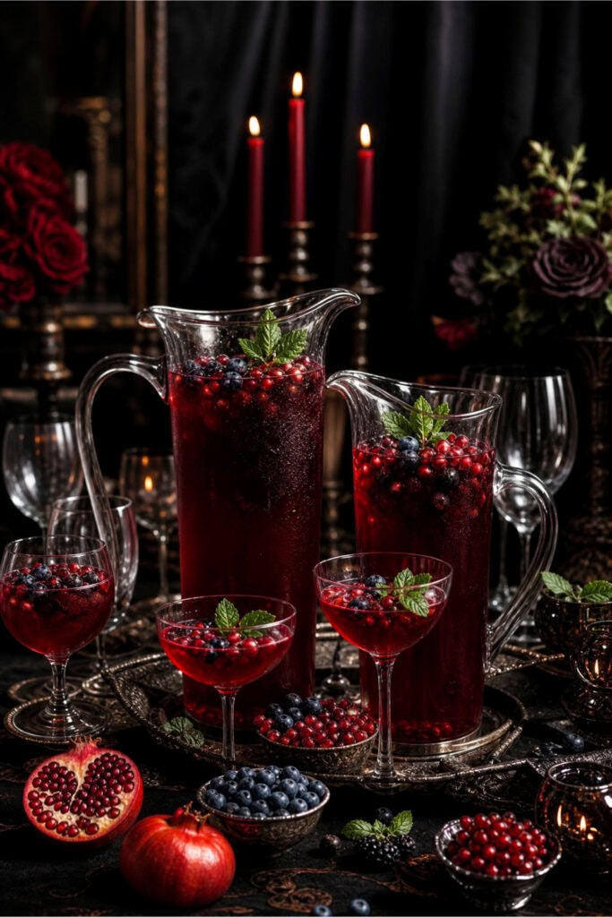 A drink station with pitchers of red pomegranate and berry drinks, glasses, fresh berries, and candles arranged on a table with a dark background.