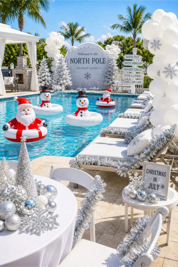 A sunny poolside decorated with white balloons, silver ornaments, and Christmas-themed floaties in the water.