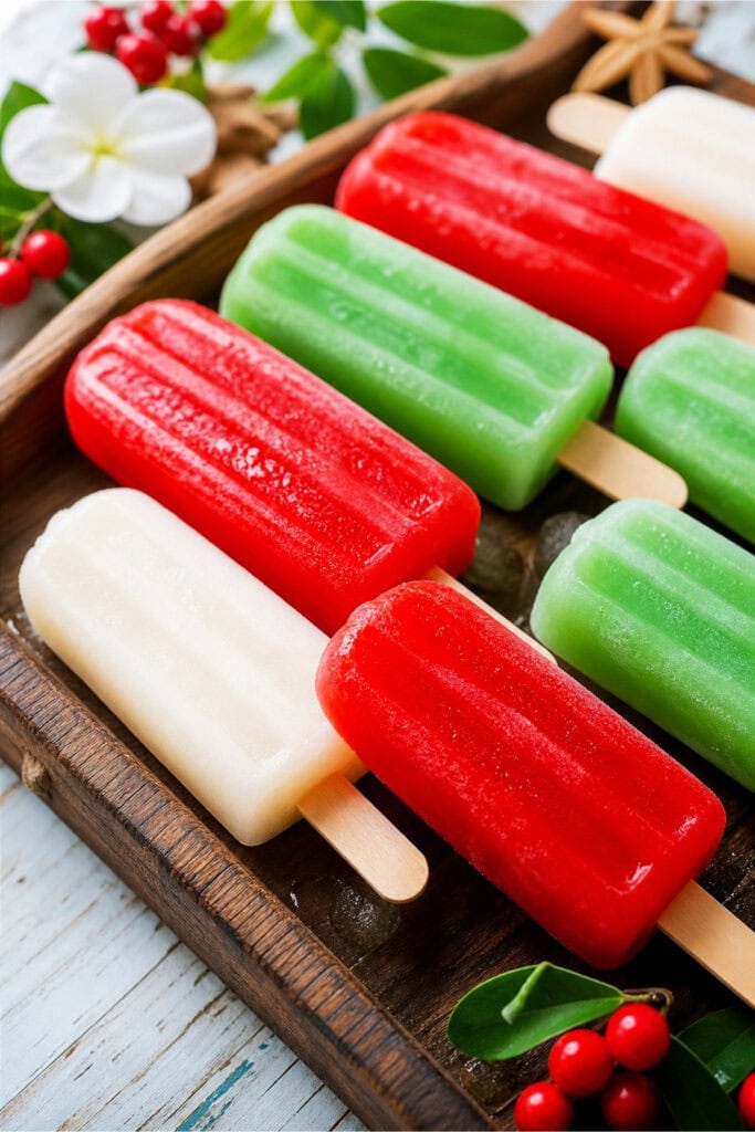 Close-up of red, green, and white popsicles arranged on a wooden tray with summer-themed decorations in the background.