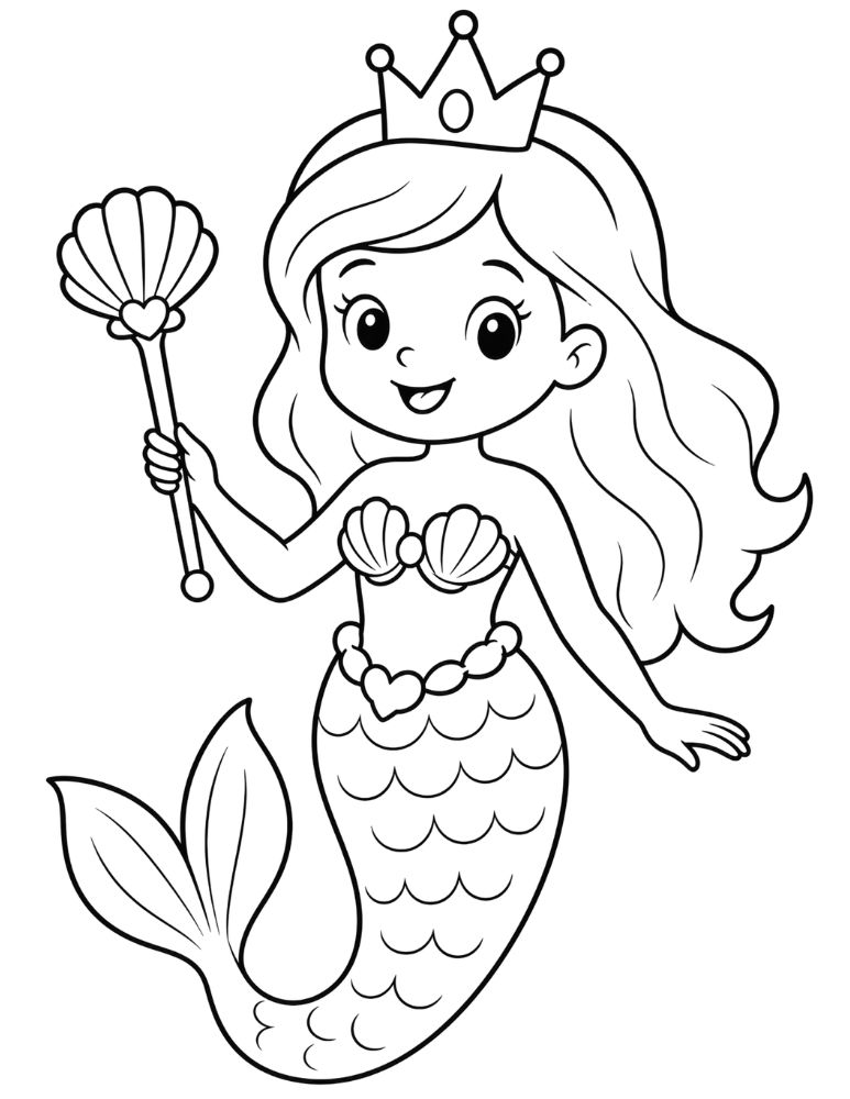 Princess mermaid wearing a crown and holding a seashell wand coloring page.