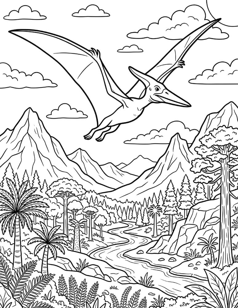 Pteranodon flying over a prehistoric landscape coloring page.
