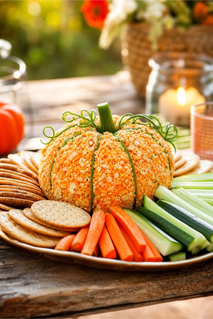 A pumpkin-shaped cheese ball surrounded by crackers and fresh vegetable sticks on a wooden table.