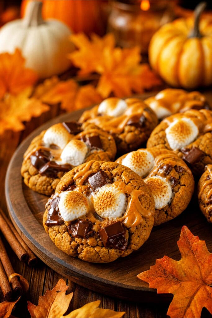 A platter of freshly baked pumpkin s'mores cookies surrounded by small pumpkins and fall leaves.