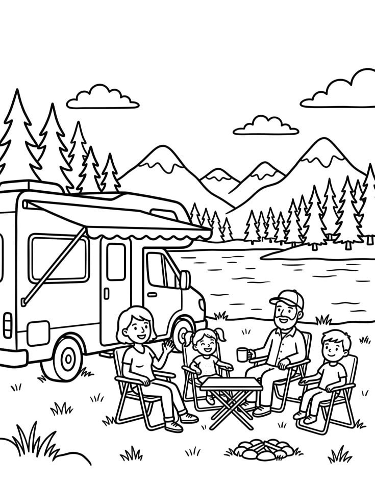 RV family camping trip coloring page featuring a motorhome parked beside a lake and campsite.