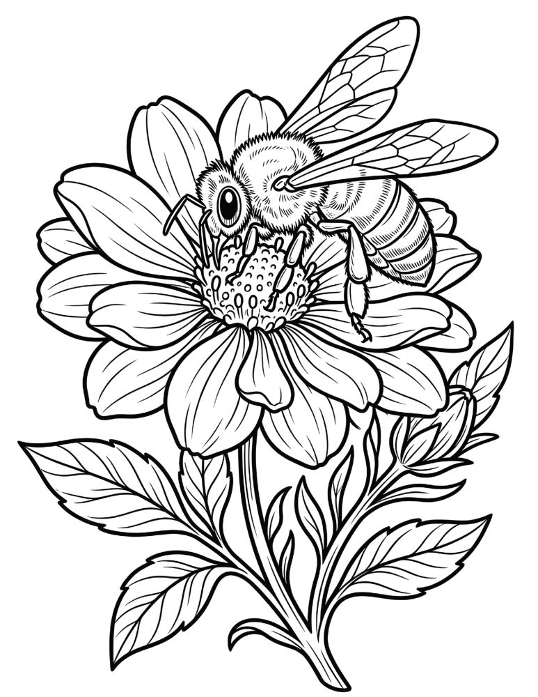 Realistic honey bee coloring page featuring a detailed bee resting on a blooming wildflower.