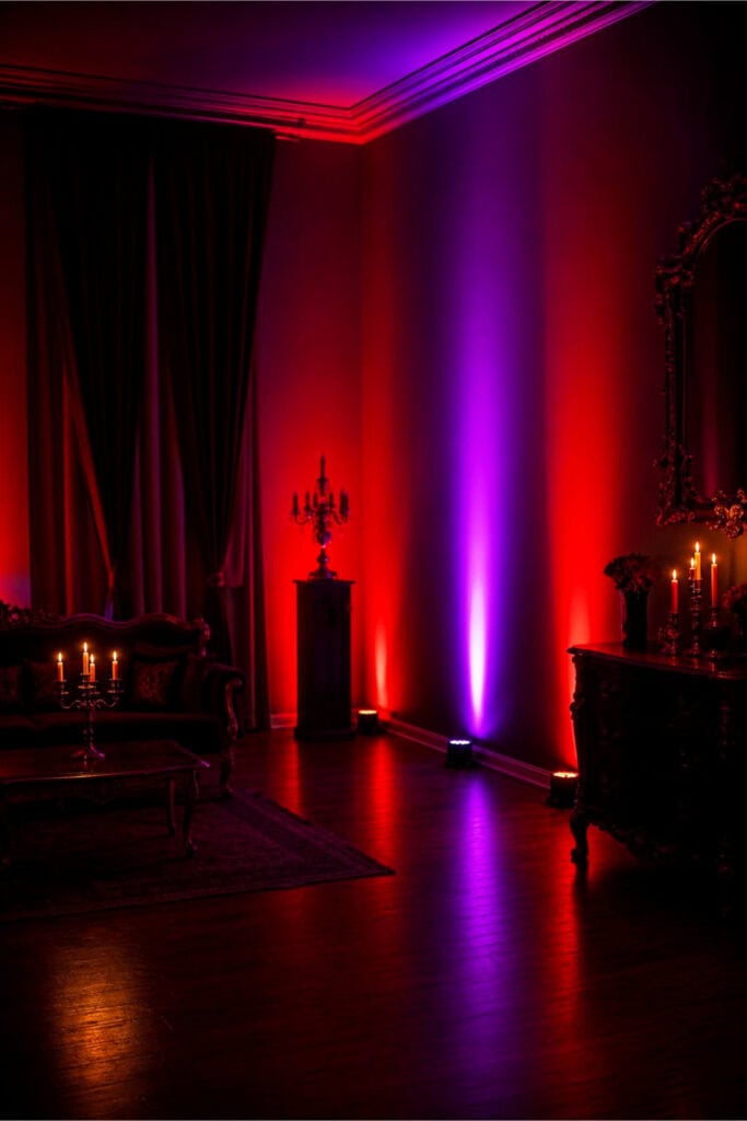 A dimly lit room illuminated by red and purple uplighting creating a moody atmosphere with gothic-style decorations.