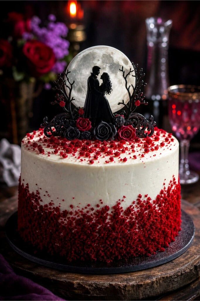 A red velvet cake with cream cheese frosting and a Vampire Diaries-themed cake topper on a wooden table surrounded by dark, moody party decorations.