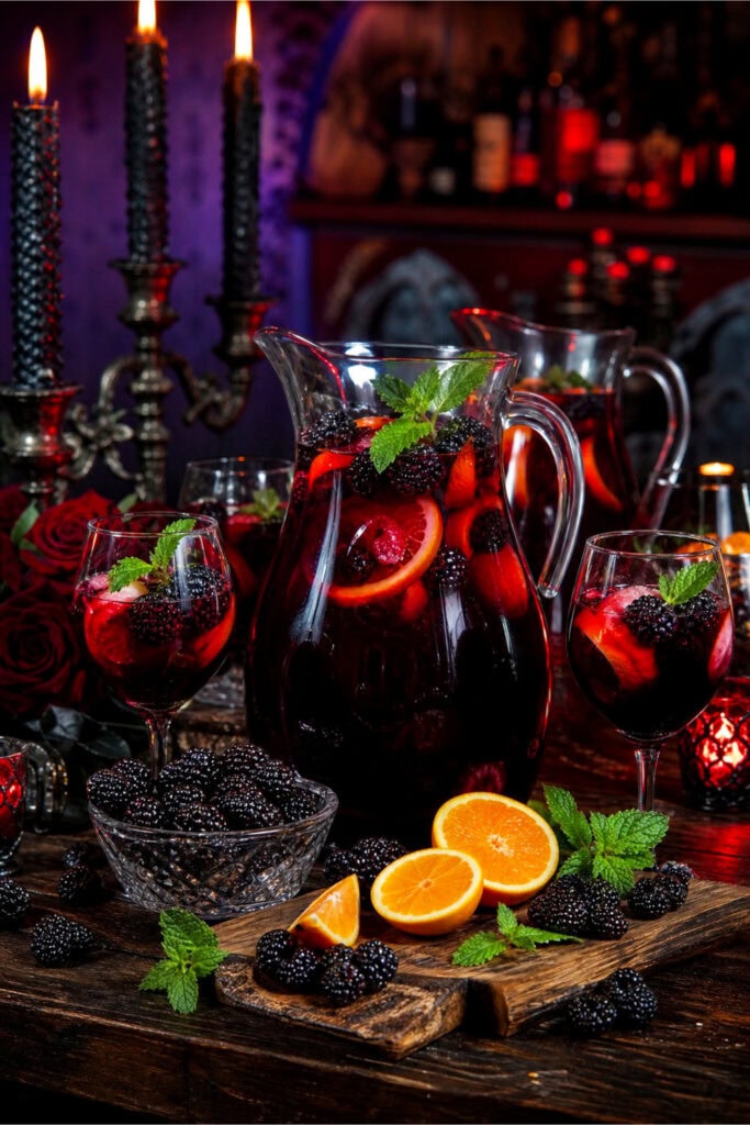 A sangria bar with pitchers of red wine sangria garnished with blackberries and oranges, surrounded by wine glasses and dark decorative elements.