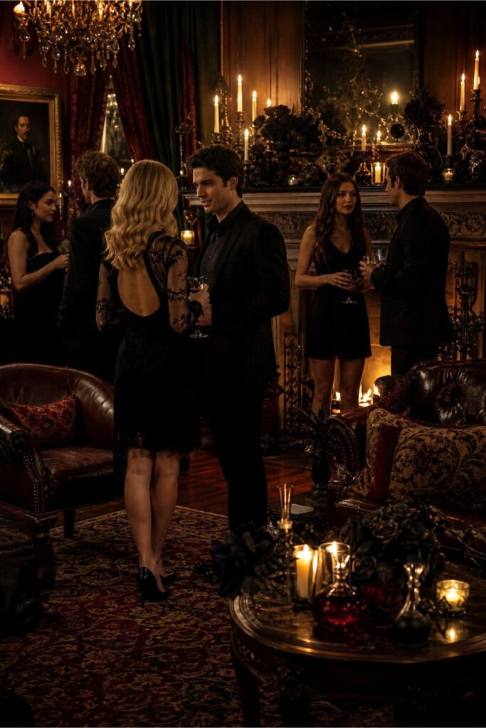 A dimly lit elegant living room with vintage furniture and candles, where young adults are gathered for a stylish party.