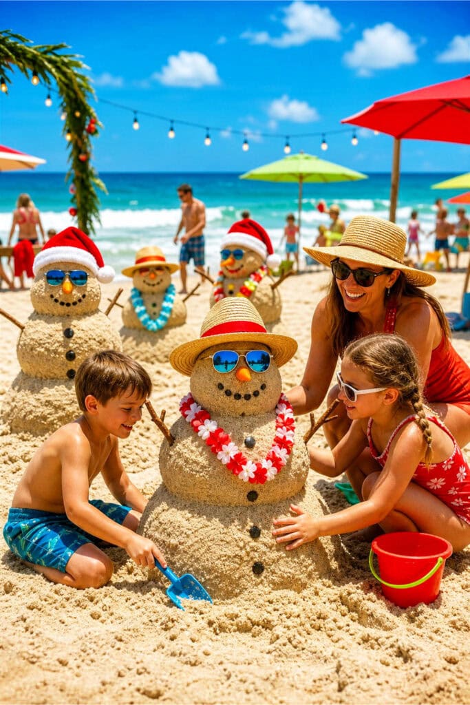 People building and admiring sand snowmen wearing sunglasses and beach hats on a sunny beach.