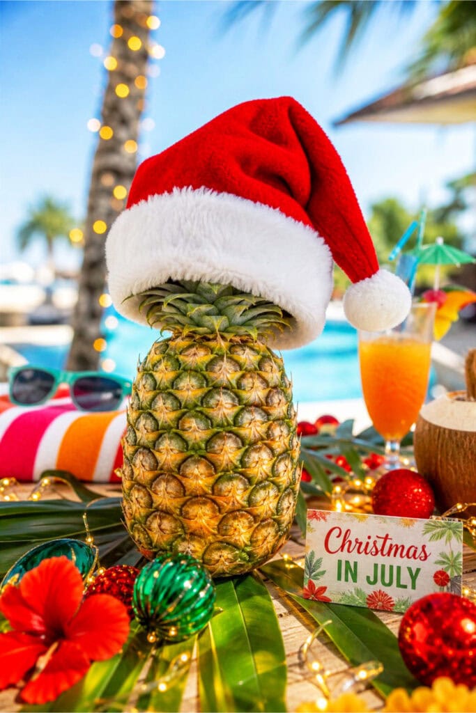 A pineapple decorated with a Santa hat on a festive food table surrounded by tropical holiday decorations and summer party items.