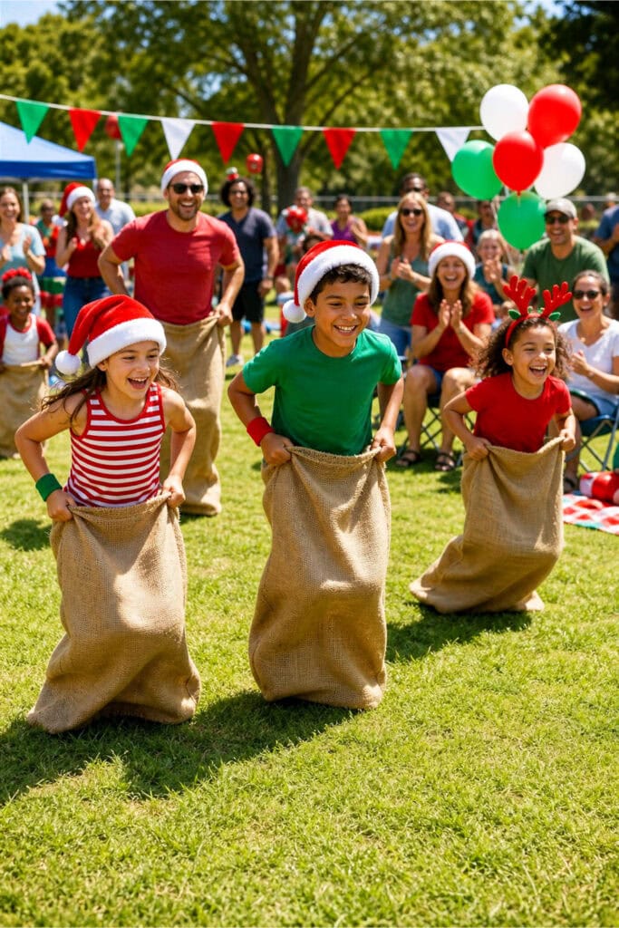 People enjoying sack races and relay games outdoors during a Christmas-themed summer sports event with festive decorations.