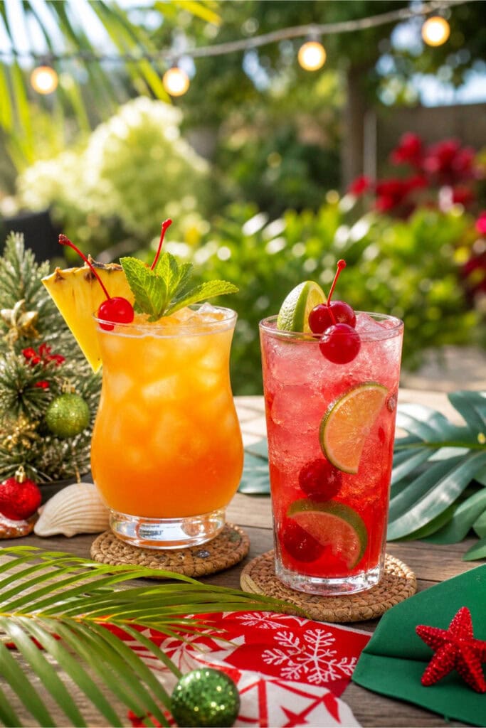Two colorful cocktails on an outdoor table decorated with summer and Christmas-themed accents in a sunny garden setting.