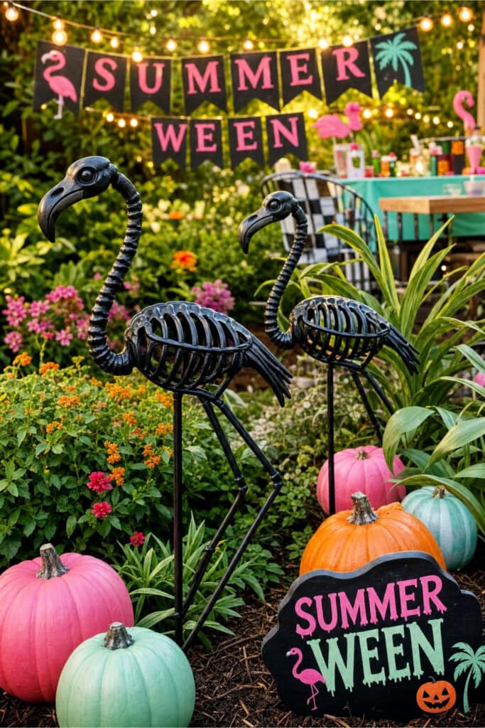 Outdoor garden scene with skeleton flamingo yard stakes surrounded by summer party decorations and greenery.