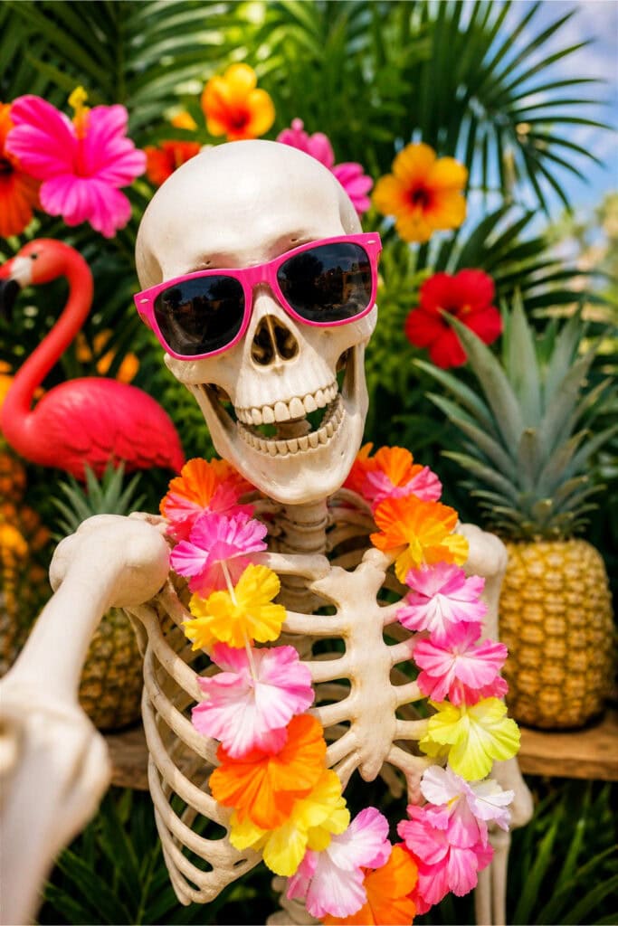 A skeleton figure posing in a tropical-themed photo booth decorated with palm leaves, hibiscus flowers, and summer party accessories.