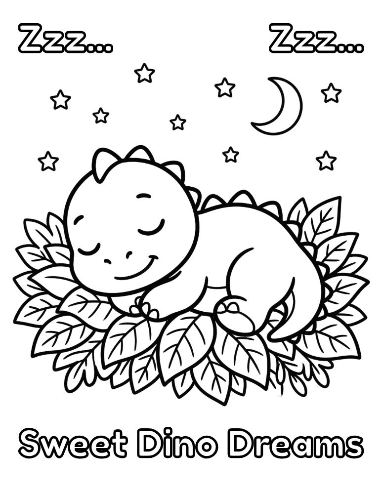 Sleeping baby dinosaur resting on leaves coloring page.