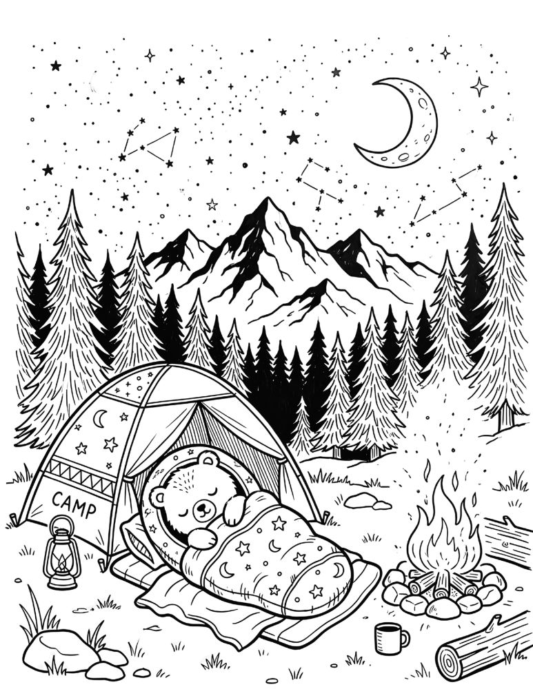 Sleeping bear camping coloring page with a cute bear in a sleeping bag beside a tent under the stars.