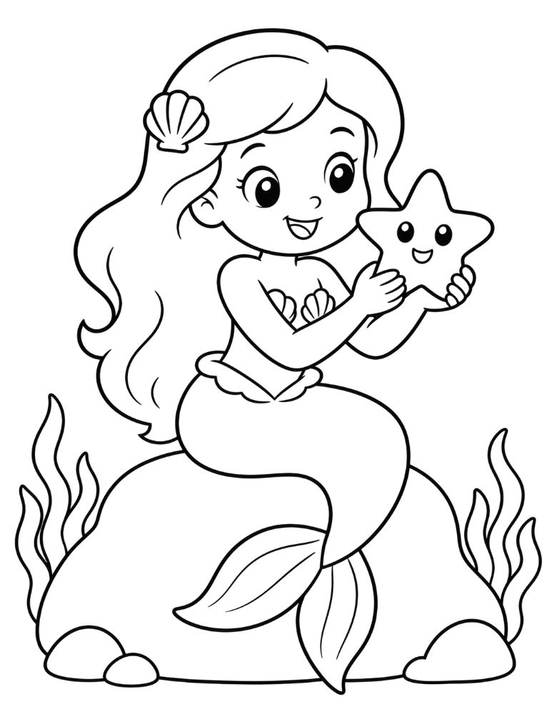 Cute smiling mermaid sitting on a rock holding a happy starfish coloring page.