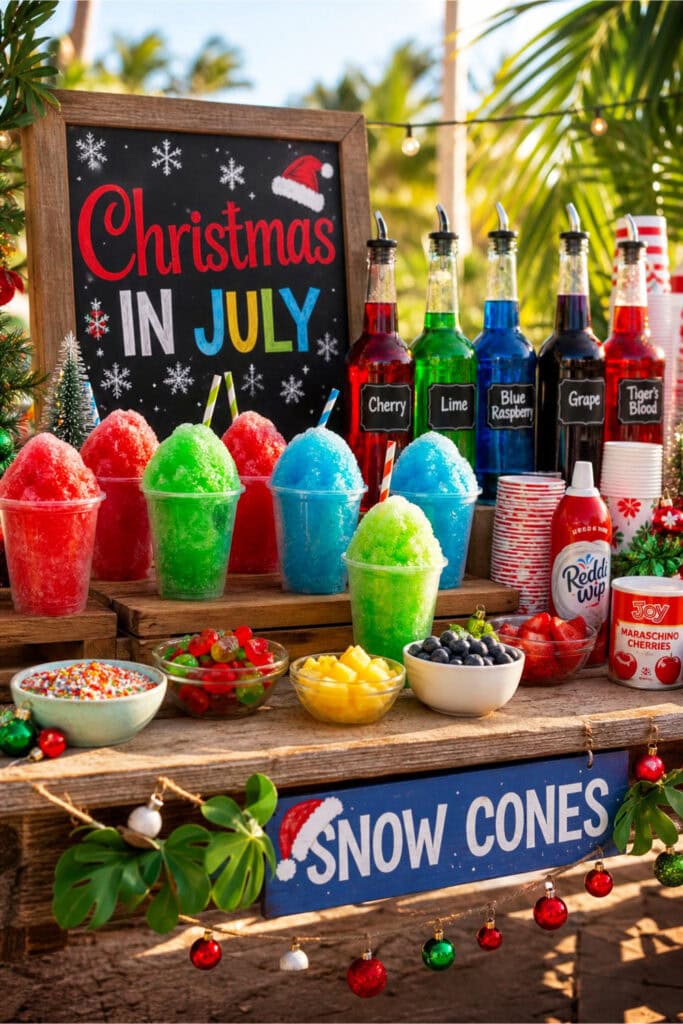 A snow cone dessert station with colorful syrups and toppings set up outdoors for a Christmas in July party.