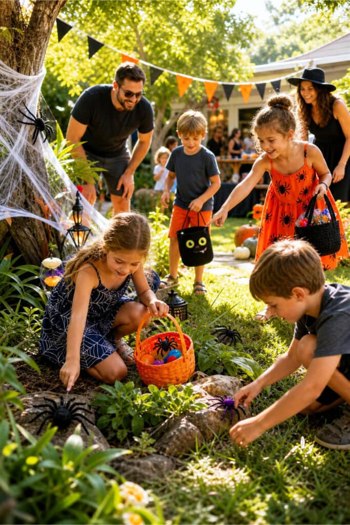 Children and adults enjoying a sunny outdoor treasure hunt game with spider-themed decorations in a backyard setting.