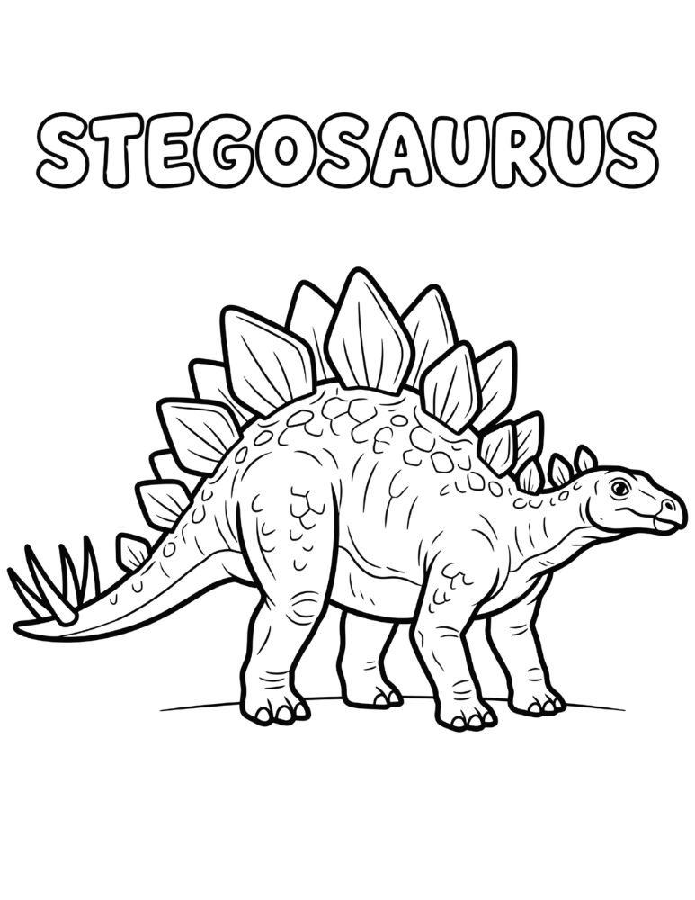 Stegosaurus dinosaur coloring page with the name STEGOSAURUS in bubble letters.