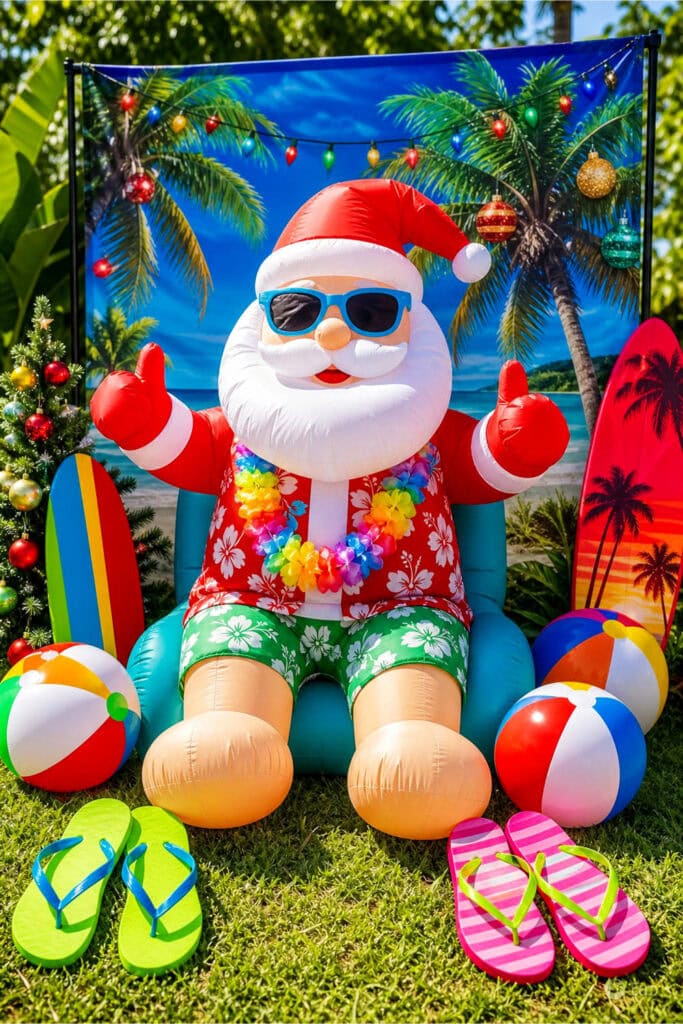 An outdoor summer photo booth with an inflatable Santa wearing sunglasses surrounded by tropical decorations and summer party props.