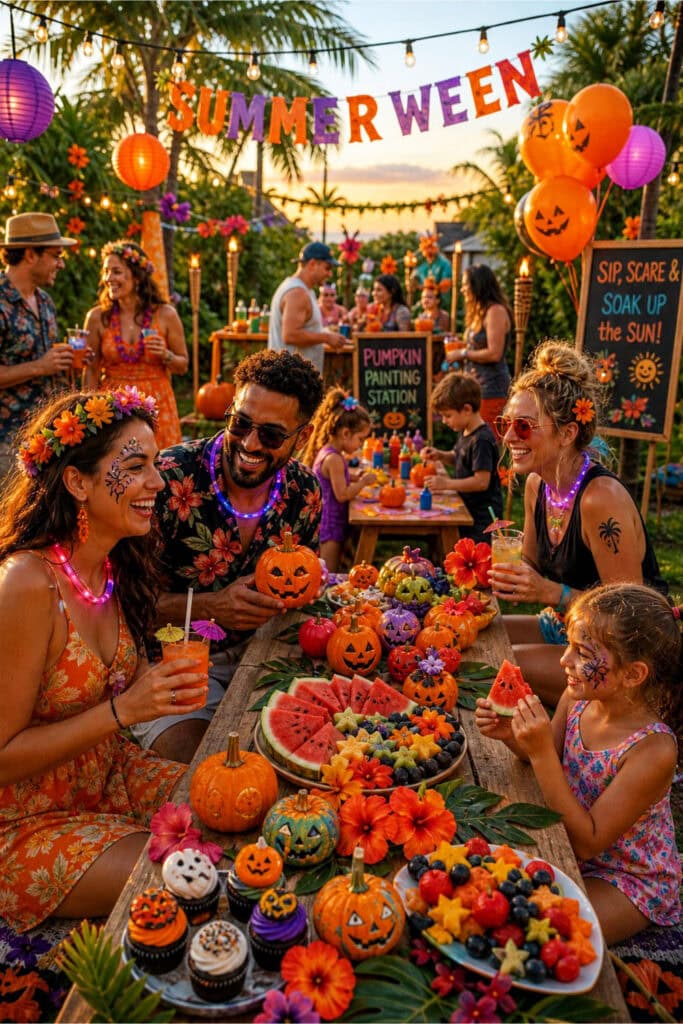 People enjoying a colorful outdoor summer party with pumpkin decorations, food, and festive lighting in a garden.