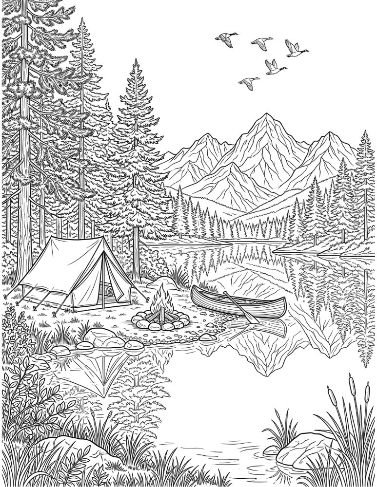 Lakeside camping coloring page with a tent, canoe, campfire, pine trees, mountains, and birds.